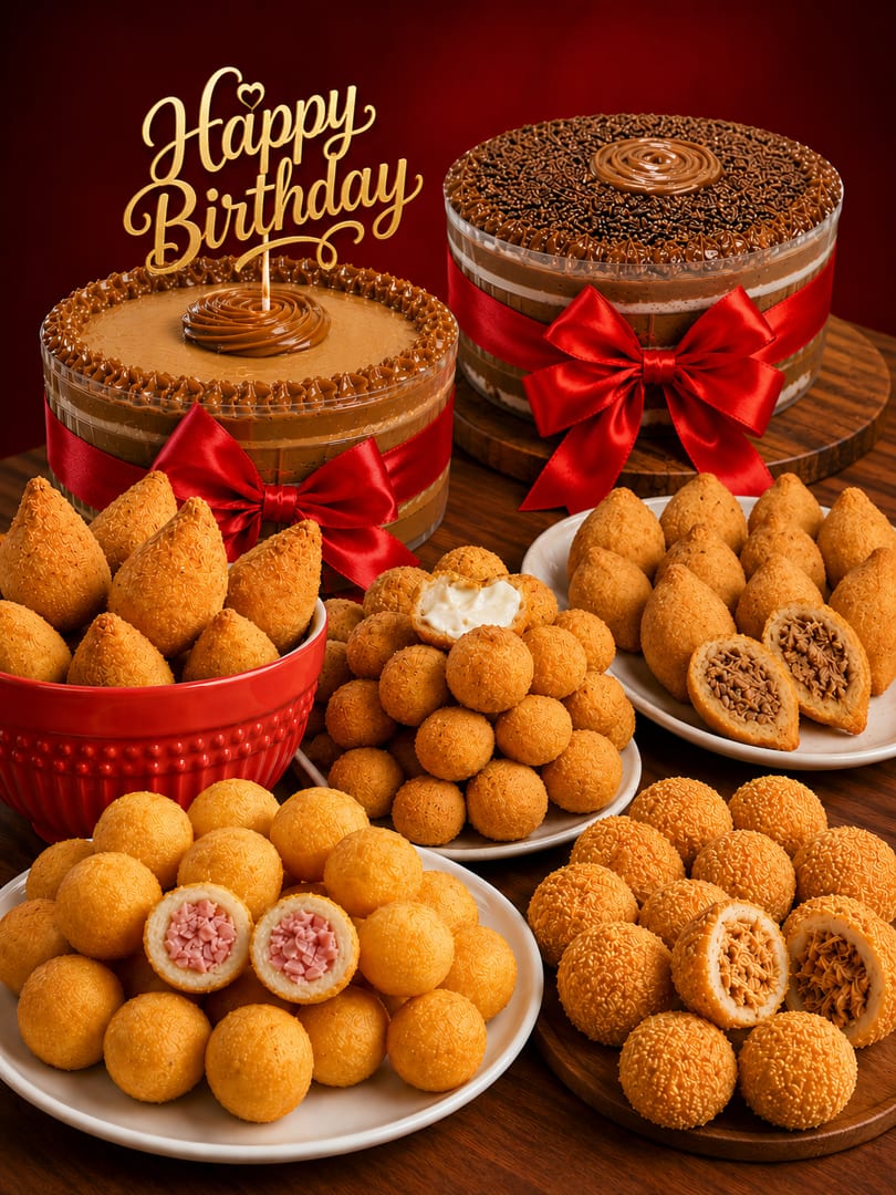 Two chocolate birthday cakes with red bows, surrounded by plates of savory fried snacks.