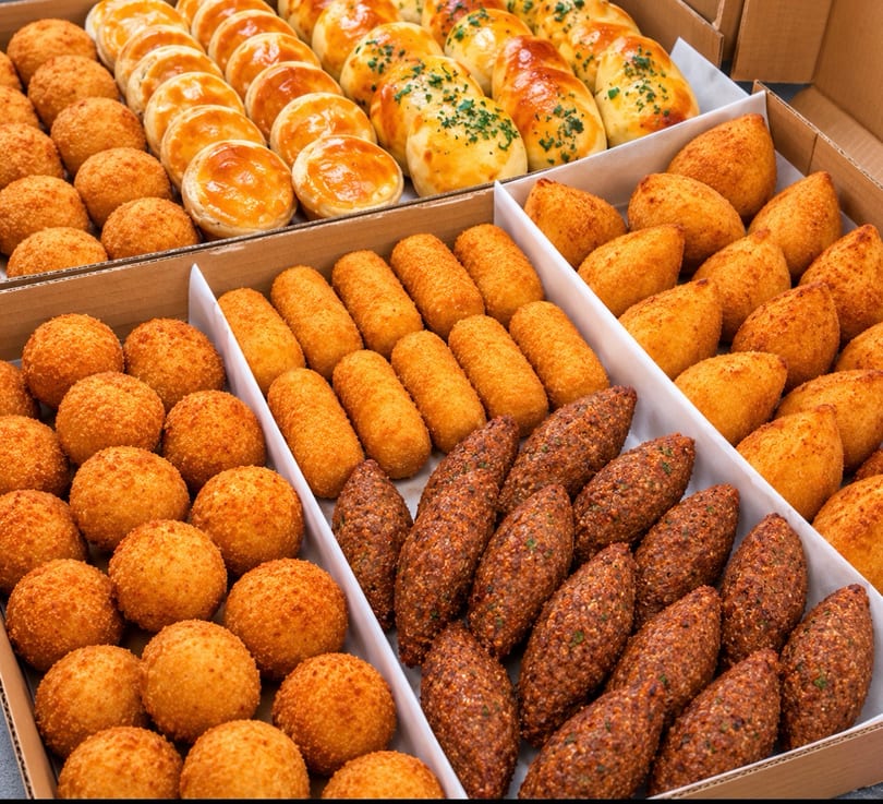 A catering box filled with rows of various golden-brown fried and baked appetizers.