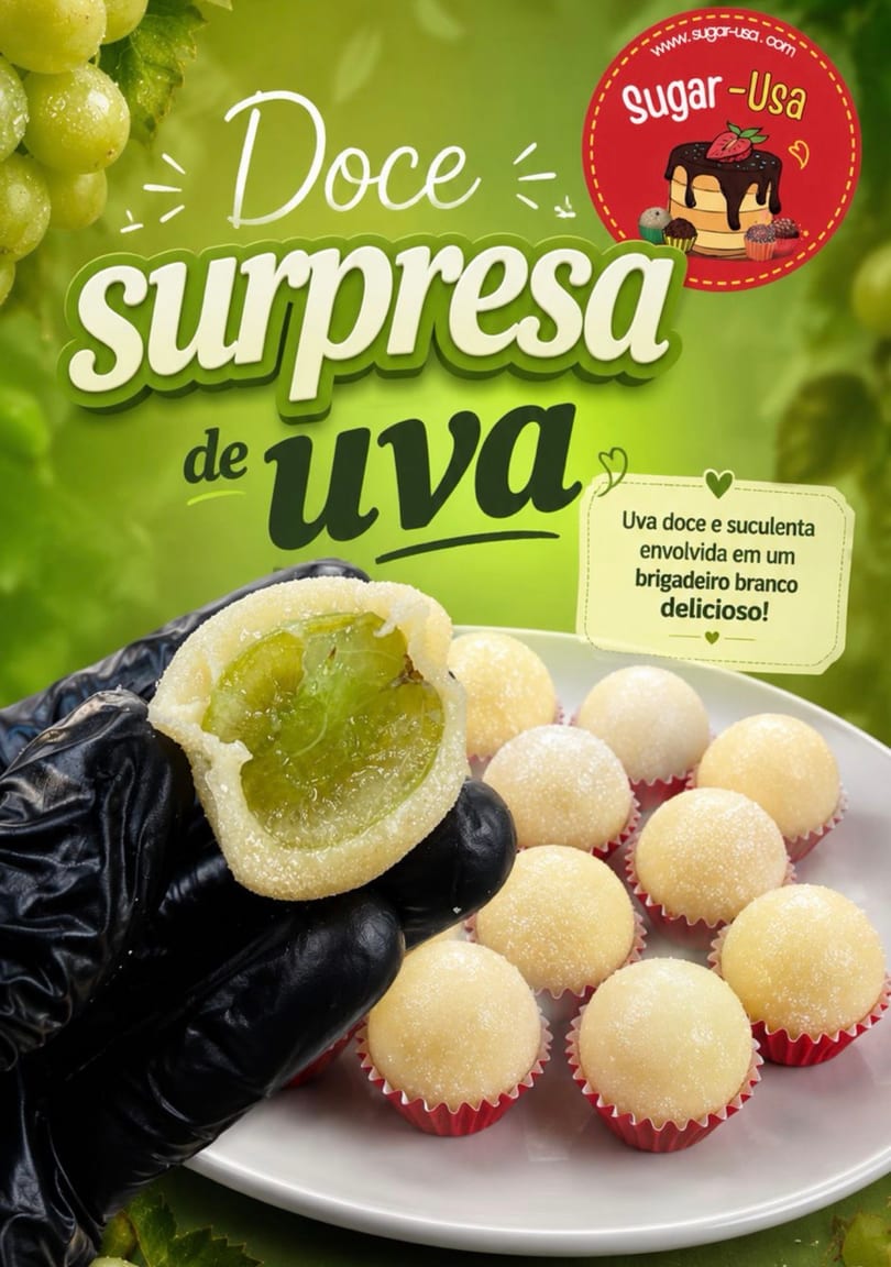 Hand in black glove holding a sugar-coated grape brigadeiro, with more on a white plate.