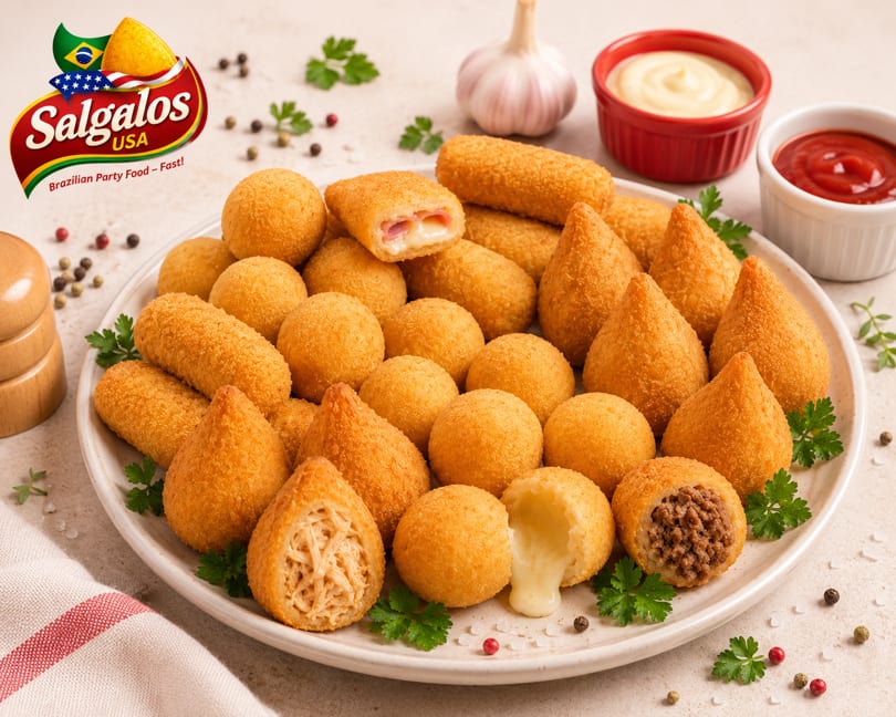 A platter of Salgalos Brazilian fried snacks, including coxinha, cheese balls, and croquettes, with dipping sauces.