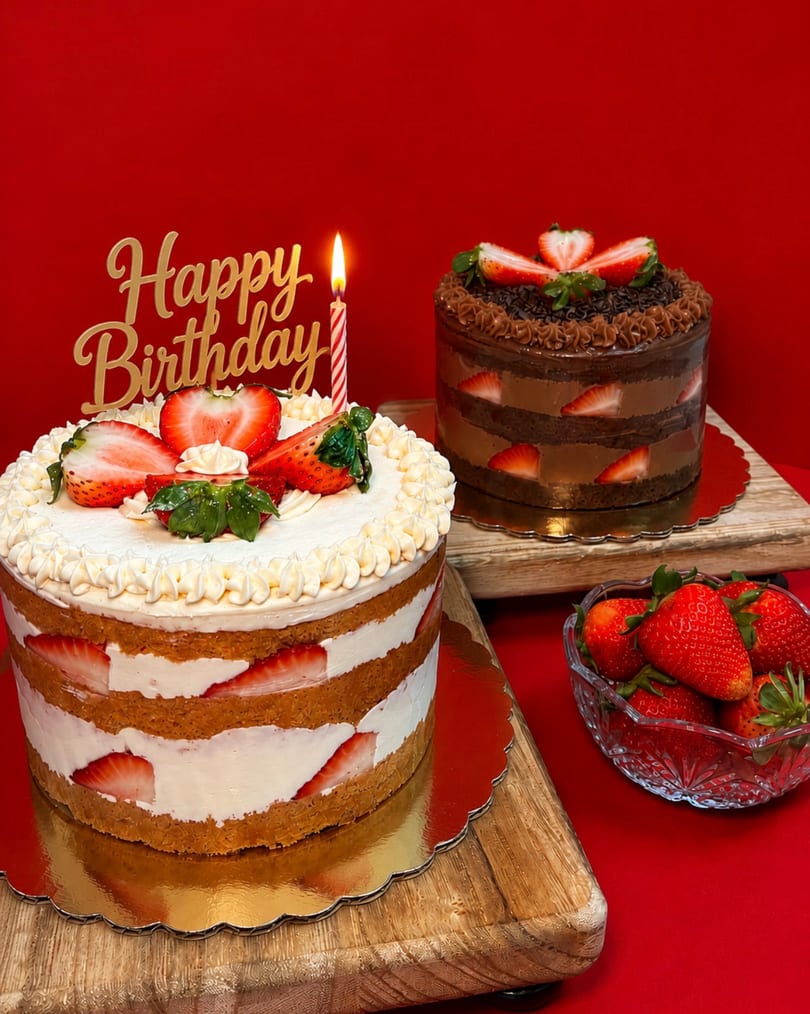 Two strawberry cakes, one vanilla with a "Happy Birthday" topper, and one chocolate, with a bowl of strawberries.